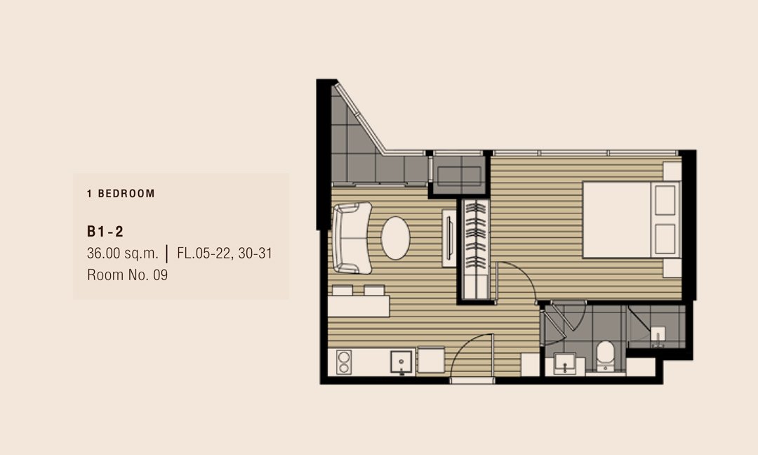 1 BEDROOM | B1-2 | 36.00 sq.m.